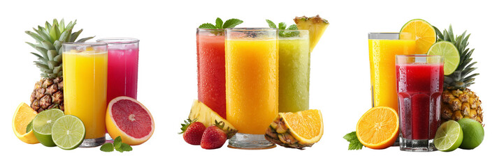 Set of Assorted fruit juices in clear glasses, colorful variety on transparent png background. Ai generated