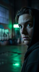 Intense Gaze in Urban Night - A Portrait of Focus and Determination.