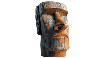 Rough carved stone head, likely a Moai, with interesting color patterns