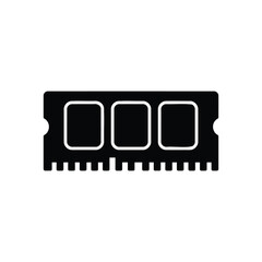 A black silhouette of a ram memory module with rectangular chips and contact pins on a white background