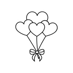 bouquet of heart shaped red balloons tied with a bow line art vector illustration