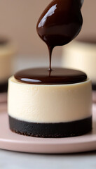 Decadent dessert: mini cheesecake, chocolate ganache, rich flavor. A single-serving delight with a dark chocolate base and silky smooth cream cheese filling.