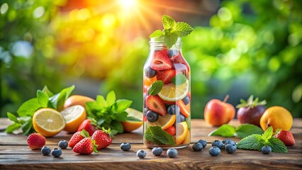 A clear glass bottle filled with sliced strawberries, blueberries, oranges, and mint leaves, surrounded by fresh fruit and herbs on a wooden table in sunlight