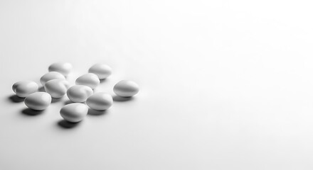 Small white oval objects scattered on a white surface with soft shadows group