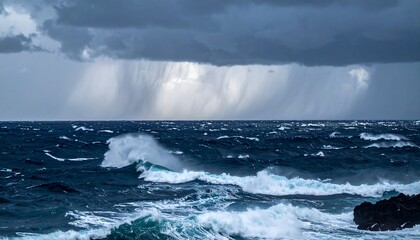 A dramatic seascape depicts a stormy sky and turbulent ocean. Waves crash, whipped by wind. Dark clouds unleash rainfall over the agitated water. Rocks