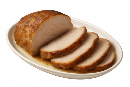 Roasted pork loin on white plate, carving slices from juicy cooked meat, perfect for holiday meals, transparent background