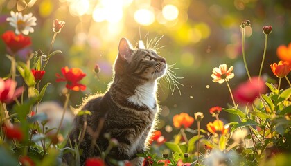 A curious tabby cat sits among colorful flowers in a sunlit garden. The image highlights the natural beauty with vibrant hues