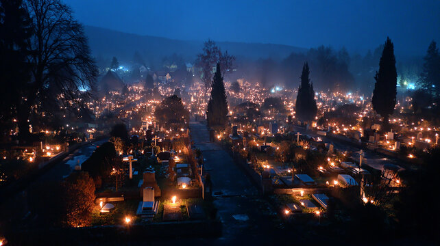 Cemetery at Dusk Illuminated by Memorial Candles on All Saints Day