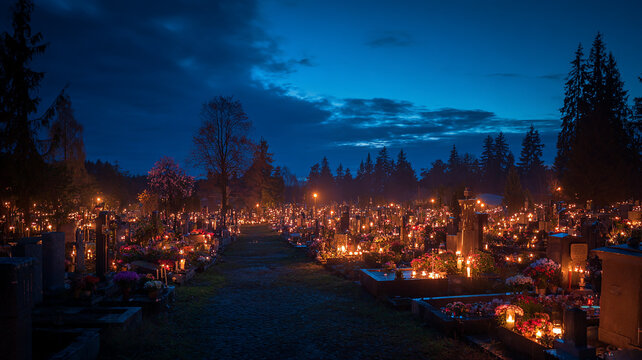 Cemetery at Dusk Illuminated by Memorial Candles on All Saints Day