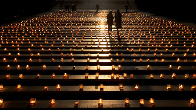 Rows of Memorial Candles at a Cemetery on All Saints Day Evening