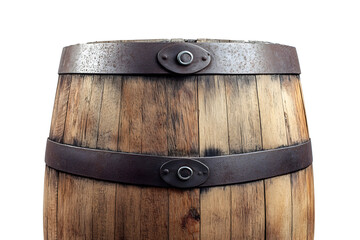 Fototapeta premium Classic oak wine barrel with iron bands on clean white background