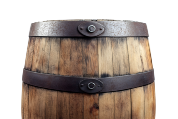 Classic oak wine barrel with iron bands on clean white background