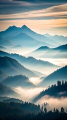 Fototapeta premium Misty mountain range at sunrise with layers of fog and clouds creating a serene and breathtaking natural landscape