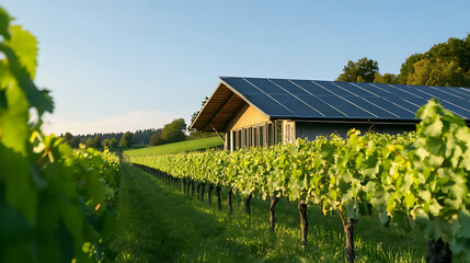 Vineyard rows stretch towards a structure with solar panels, blending agriculture with sustainable energy under a clear sky.