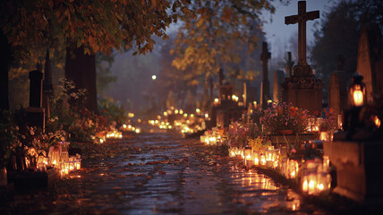 Cemetery Path Lit by Candles Near a Cross on All Saints Day