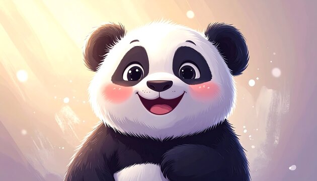 A digitally illustrated, cheerful panda with rosy cheeks and a big smile. The adorable creature is set against a soft, sunlit backdrop
