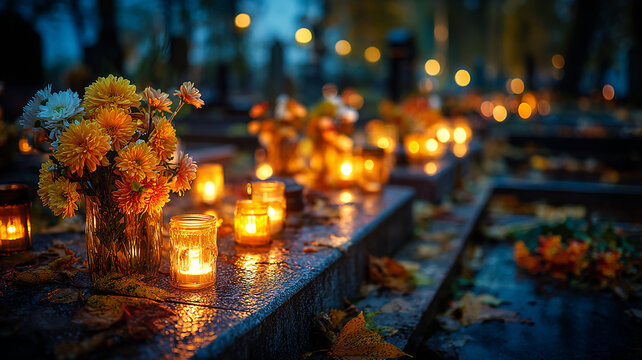 Memorial Candle and Colorful Flowers on a Grave as a Symbol of Remembrance