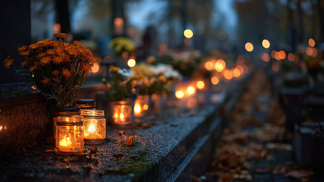 Memorial Candle and Colorful Flowers on a Grave as a Symbol of Remembrance