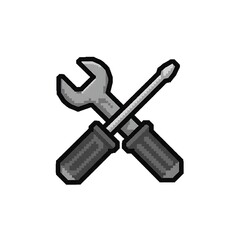 A pixel art illustration of a cross-tool icon, consisting of a gray wrench and a screwdriver with a handle and a shaft. The icon has an 8-bit or 16-bit gaming style and is on a white background.