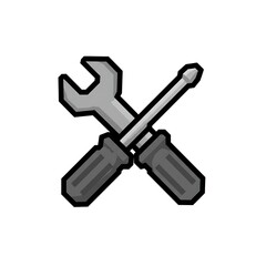 A pixel art illustration of a cross-tool icon, consisting of a gray wrench and a screwdriver with a handle and a shaft. The icon has an 8-bit or 16-bit gaming style and is on a white background.