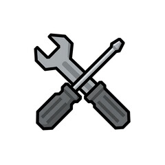 A pixel art illustration of a cross-tool icon, consisting of a gray wrench and a screwdriver with a handle and a shaft. The icon has an 8-bit or 16-bit gaming style and is on a white background.