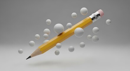 Yellow pencil floating with white spheres on gray background balls