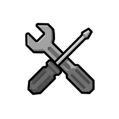 A pixel art illustration of a cross-tool icon, consisting of a gray wrench and a screwdriver with a handle and a shaft. The icon has an 8-bit or 16-bit gaming style and is on a white background.