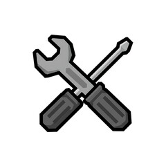 A pixel art illustration of a cross-tool icon, consisting of a gray wrench and a screwdriver with a handle and a shaft. The icon has an 8-bit or 16-bit gaming style and is on a white background.