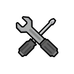 A pixel art illustration of a cross-tool icon, consisting of a gray wrench and a screwdriver with a handle and a shaft. The icon has an 8-bit or 16-bit gaming style and is on a white background.