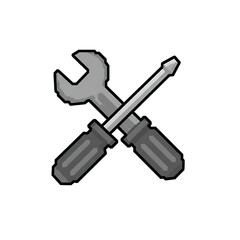 A pixel art illustration of a cross-tool icon, consisting of a gray wrench and a screwdriver with a handle and a shaft. The icon has an 8-bit or 16-bit gaming style and is on a white background.