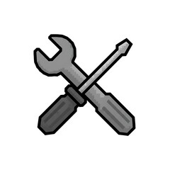 A pixel art illustration of a cross-tool icon, consisting of a gray wrench and a screwdriver with a handle and a shaft. The icon has an 8-bit or 16-bit gaming style and is on a white background.