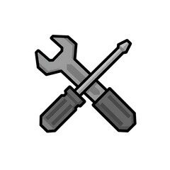 A pixel art illustration of a cross-tool icon, consisting of a gray wrench and a screwdriver with a handle and a shaft. The icon has an 8-bit or 16-bit gaming style and is on a white background.