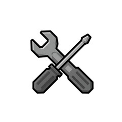 A pixel art illustration of a cross-tool icon, consisting of a gray wrench and a screwdriver with a handle and a shaft. The icon has an 8-bit or 16-bit gaming style and is on a white background.
