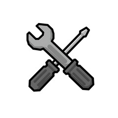 A pixel art illustration of a cross-tool icon, consisting of a gray wrench and a screwdriver with a handle and a shaft. The icon has an 8-bit or 16-bit gaming style and is on a white background.