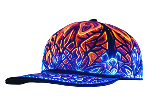Glowing hat with intricate, fiery, ice-like designs on a dark backdrop - Powered by Adobe