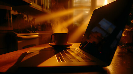 Morning Brew and Bright Ideas: A warm cup of coffee steams gently beside a laptop computer, basking in the golden light of a new day, ready for brainstorming.