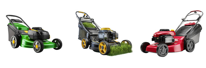 Obraz premium Set of Freshly cut green grass with a lawn mower on transparent png background. Ai generated
