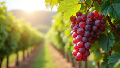 Fototapeta premium Red grapes cluster on vine in vineyard. Ripe grapes hang from branch with green leaves. Vineyard rows stretch into the background under sunlight. Fresh red grapes grow in garden.