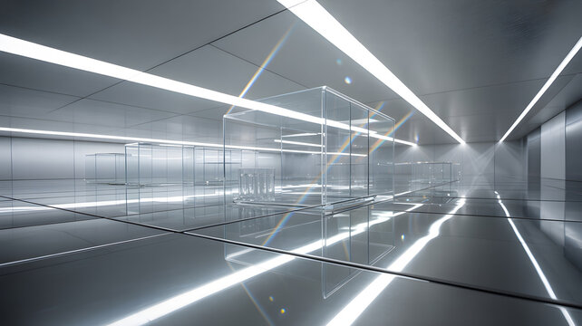 Empty futuristic corridor with glowing light lines