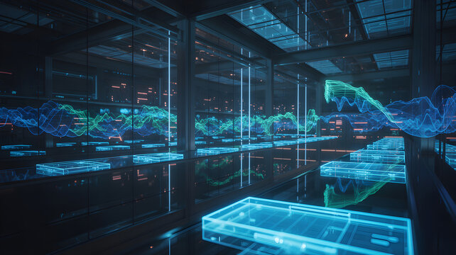 Futuristic server rack system processing big data