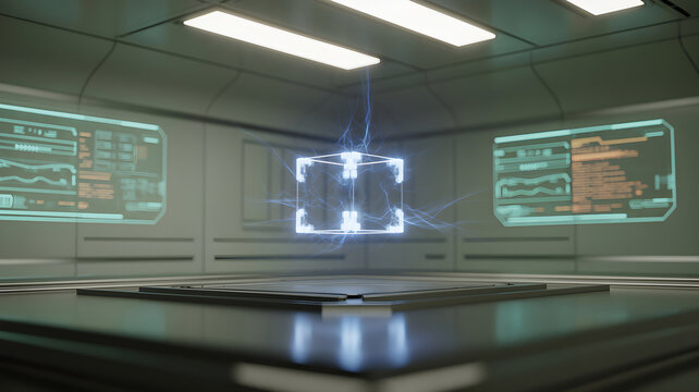 Futuristic energy cube floating in advanced laboratory