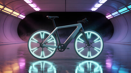 Futuristic electric bicycle glowing in neon tunnel