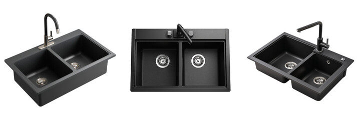 Obraz premium Set of Lonsince double bowl kitchen sink, modern black kitchen on transparent png background. Ai generated