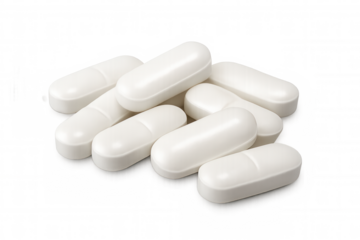 White oblong pills representing medicine, pharmacy, and healthcare, aiding wellness, on transparent background