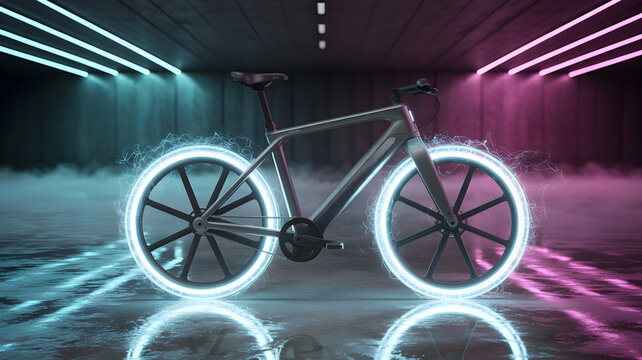 Electric bike glowing with energy in futuristic neon tunnel