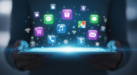 Digital online marketing commerce sales concept. A person uses a tablet for online shopping payments and customer network connection icons on a virtual hologram screen, m-banking