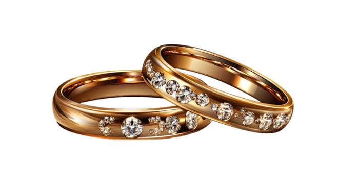 Two golden rings, one slightly overlapping, set with sparkling gemstones