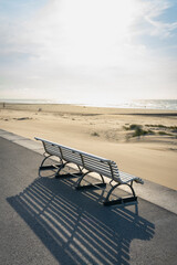 Park bench on the shore of North Sea. Wind makes structures in the sand at the ocean, natural art on the sandy beach, place to recreation on holiday