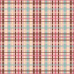 Warm plaid pattern featuring a vintage palette. The grid includes rich brown, pastel pink, and dusty teal on a pale beige background, creating a cozy, autumnal, and retro fabric look.
