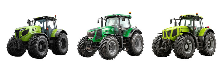 Set of Side angle of a green agricultural tractor on transparent png background. Ai generated